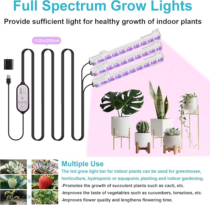 Hywyimlait 7.8'' LED Grow Light Strips, Grow Lamps for Indoor Plants Full Spectrum, Plant Light with 4/8/12H Timer, 10 Dimmable Levels for Seedling Succulent,Best Match for Plant Shelf, 3 Head