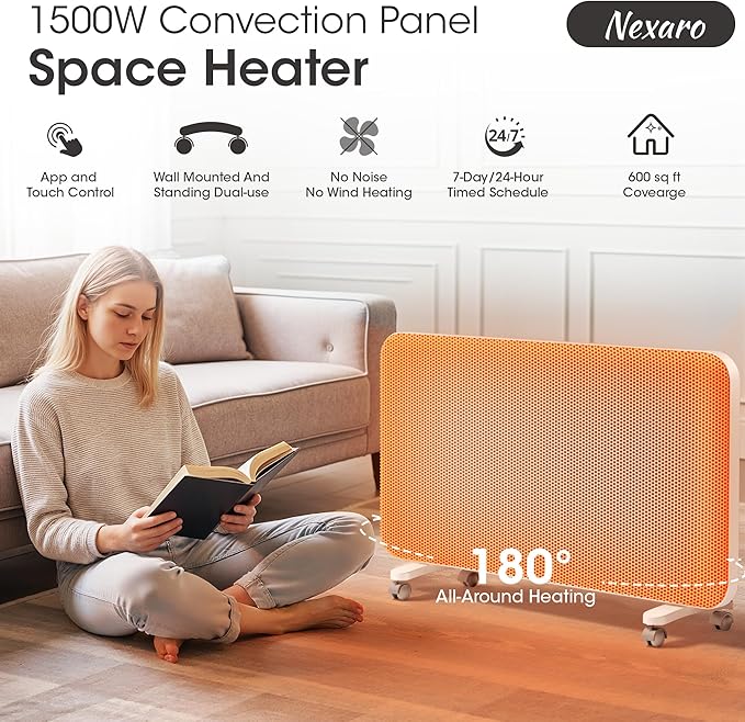 1500W Convection Heater,Space Heater for Large Room Use,Wifi App Control,24H Timer,Tip-over & Overheat Protection,Thermostat,Standing or Wall Mount,Electric Heaters for Indoor,Office,Bedroom,31 inch