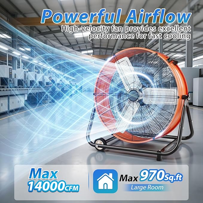 LifePlus 30" Industrial Drum Fan, 14000 CFM High Velocity 3-Speed Heavy Duty Metal Air Circulator with 360° Tilt, Casters Handle for Warehouse Factory workshops Patios Garage, Orange