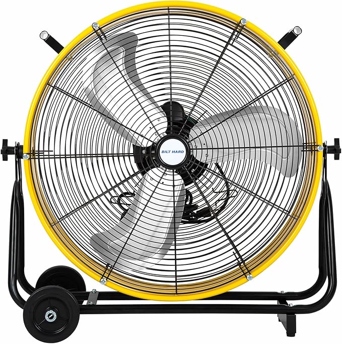 BILT HARD 24" 8100 CFM High Velocity Drum Fan, 3 Speeds Heavy Duty Tilt Metal Floor Shop Fan, Commercial Industrial Use for Garage, Factory, Warehouse, Yellow