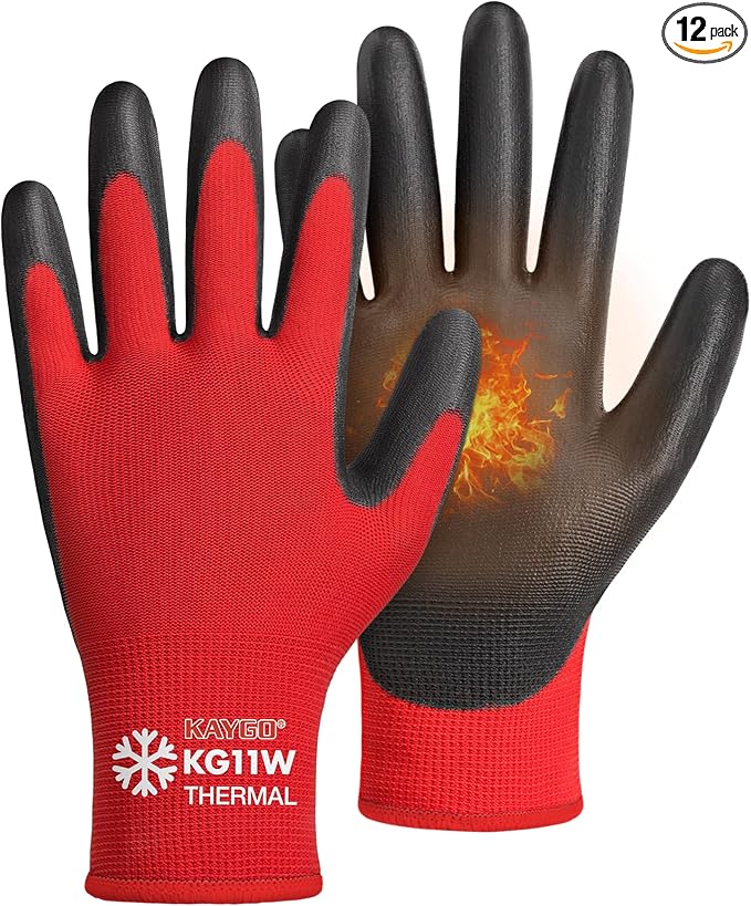 KAYGO 12 Pairs Winter Work Gloves for Men and Women, Thermal Insulated Safety Work Gloves PU Coated, Super Grip,Ideal for Freezer Work,Red,M