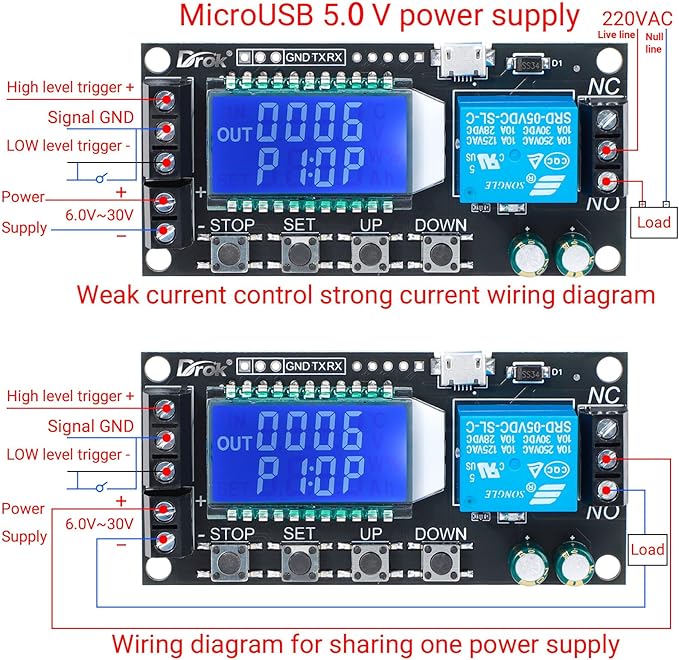 DROK Time Delay Relay 2pcs Controller DC 5V 12V 24V Module Adjustable Trigger Delay Switch Board with LCD Display Support Micro USB 5V Power Supply