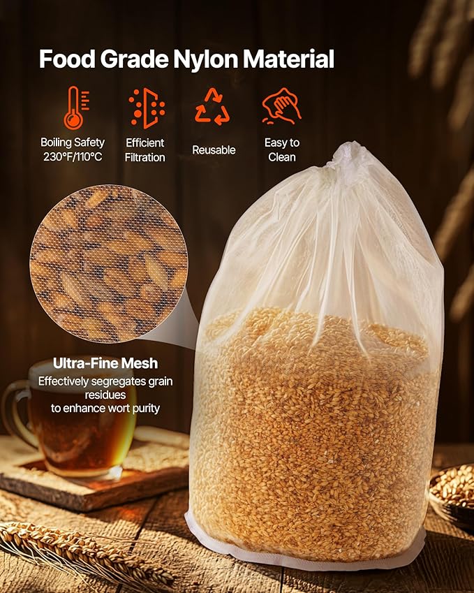 VEVOR Brew Bags, 2 PCS Food Grade Nylon Material Grain Bag, 10 PCS Natural Cotton-Linen Hop Bag, Easy to Clean, Reusable & Ultra-Fine Mesh Home Brewing Bags, Only for Our Automatic Beer Brewer