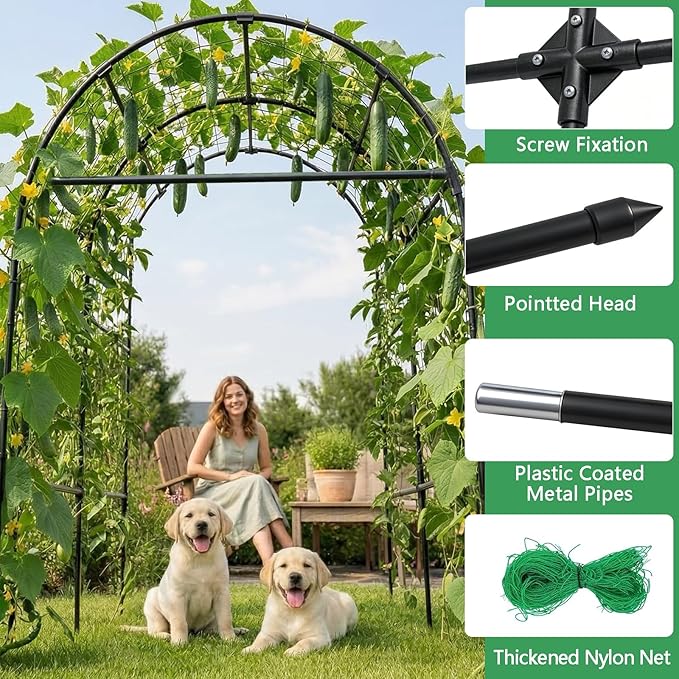 Large Garden Arch Trellis for Pumpkins, Extra Tall Heavy Duty Plant Trellis with Thick Plastic-Coated Steel Tubes, Easy-Connect Assembly, Includes Net, Ties & Gloves for Outdoor Vegetable Gardens