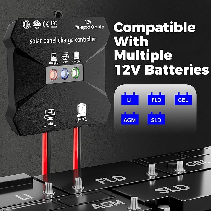 Voltset Solar Charge Controller : IP68 Waterproof - Display for Gel AGM Lead-Acid Lithium LiFePO4 Battery - Used in RV Marine Camper Van Truck Trailer (MPPT Solar Charge Controller New Model)