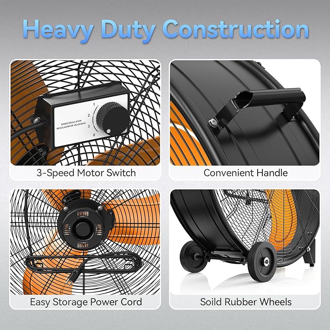 CCGIRU 30 Inch Industrial Drum Fan, 14000 CFM 3-Speed High Velocity Barrel Floor Fan, Heavy Duty for Warehouse, Workshops, Garage, Factory - UL Safety Listed