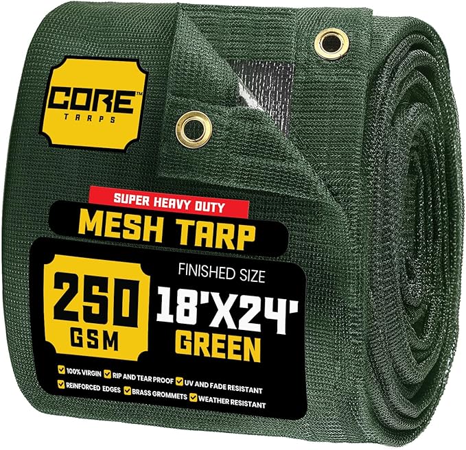 Core Tarps 60% Green Shade Cloth with Grommets - 18 X 24 FT Heavy Duty Mesh Tarp - Sun Shade Cloth for Garden Vegetables Plants Greenhouse Outdoors Backyard Fences Dump Trucks Patio Mesh Shade Tarp
