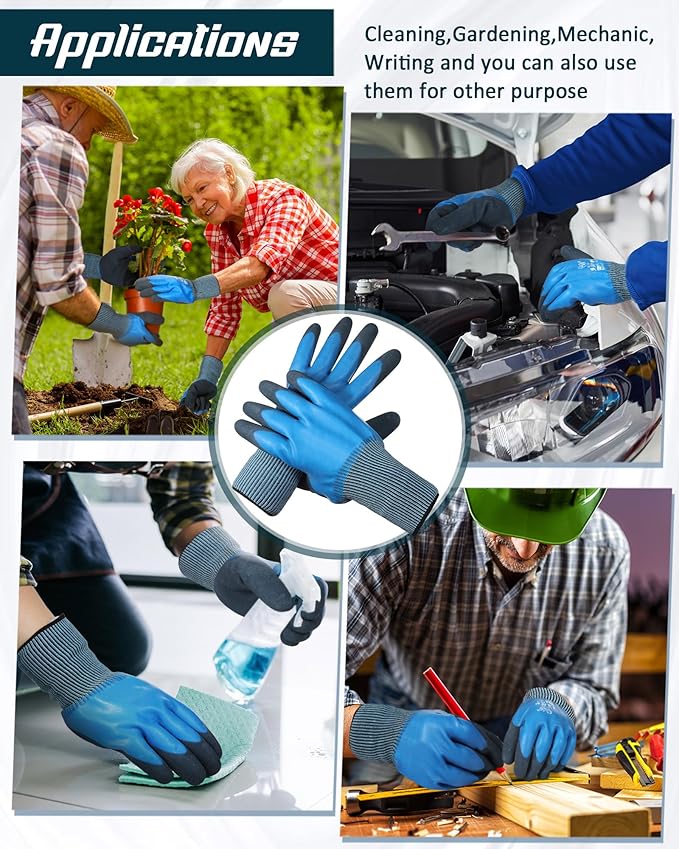 Mimorou 24 Pairs Waterproof Work Gloves Bulk Double Rubber Coated Non-slip Working Gloves Women Men Gardening Gloves