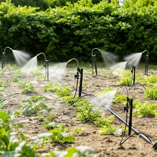 15 Sets 360° Adjustable Irrigation Misting Heads with Stake Micro Spray Emitters with 1/4" Irrigation Tubing on Riser Stake,Automatic Atomizing Sprinkler Stake Assembly for Garden Watering System
