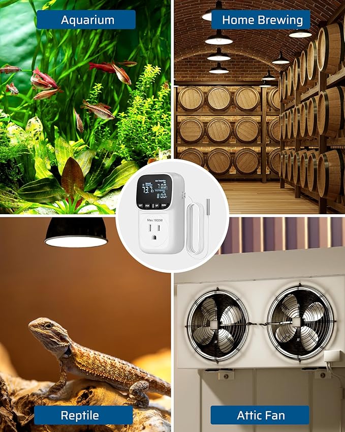 DEWENWILS Digital Temperature Controller, Heavy Duty 15A/1800W Thermostat Outlet Plug, VA Display Heating Cooling Control Timer, -40℉~210℉, Cyclic Timing/Countdown, for Greenhouse Incubator Homebrew