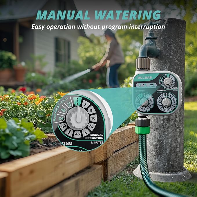 QUOBAS Mechanical Dial Hose Timer, Waterproof Sprinkler Timer with Rain Delay/Auto/Manual Modes for Drip Irrigation System, Pool, Lawn, Durable Metal Fittings, Easy Set 3-Dial Program, Battery Powered