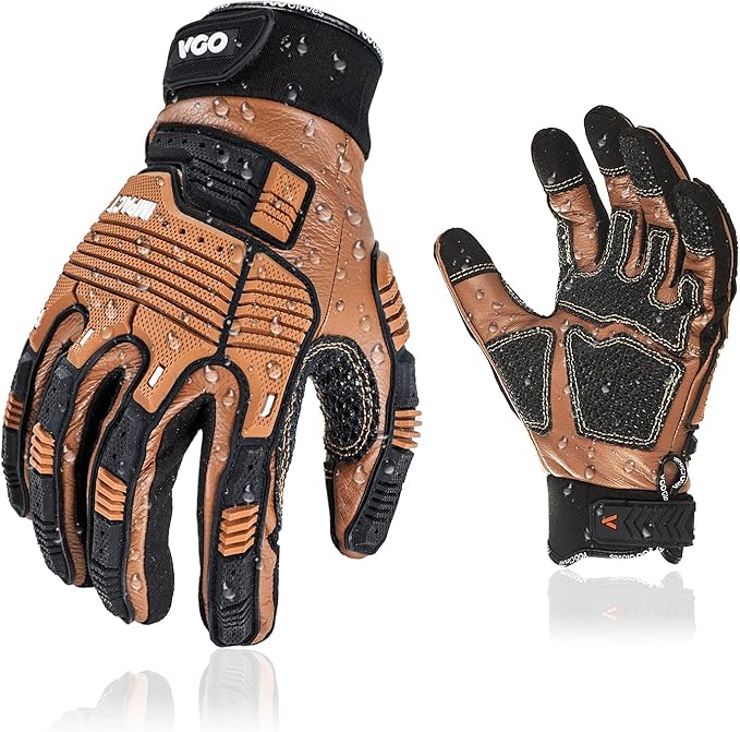 Vgo...…1Pair Leather Heavy Duty Work Gloves,Mechanics Gloves,Water Resistant,Impact Resistant,Anti-Vibration(CA7722WR)