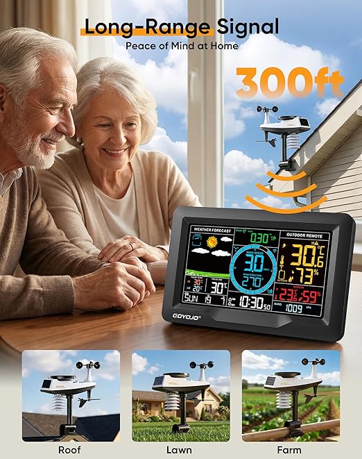 Wireless Weather Station with Color LCD Display, Temperature, Humidity, Wind Speed, Rainfall, 7 Languages, USB Charging, 3-Channel Sensors, 433.92MHz Signal (No WiFi)