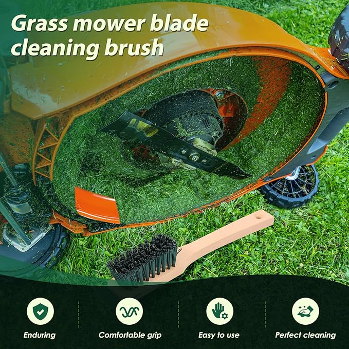2 Pcs Lawn Mower Scrub Brush Universal Lawn Mower Stiff Bristle Brush with Scraper and Wood Handle for Deck Gutter Garden Tool Cleaning