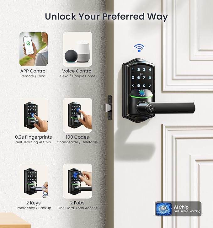 Veise VE029 WiFi Smart Lever Lock, Fingerprint Keyless Entry Door Lock with Handle, Built-in WiFi, Remote App Control, Electronic Digital Knob for Front Door and Bedroom, IP65 Waterproof, Matte Black