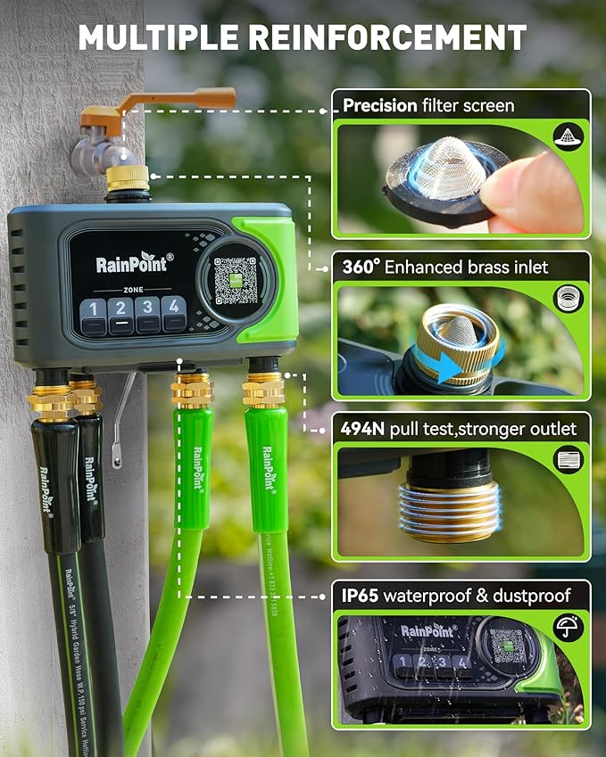 RAINPOINT WiFi Sprinkler Timer 4 Zone, Outdoor Smart Water Timer for Garden Hose with Brass Inlet&Outlet, Custom Programs via APP/Voice Control for Automatic Watering System Without Hub