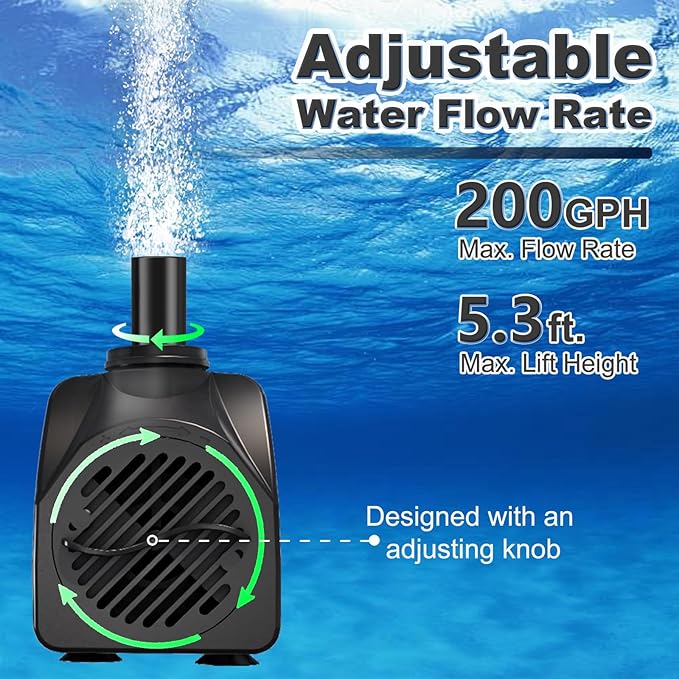 SongLong 200GPH (750L/H) 6ft Power Cord Submersible Pump, Water Fountain Pump with 5.3ft Lift for Fountains, Ponds, Aquariums & Hydroponics