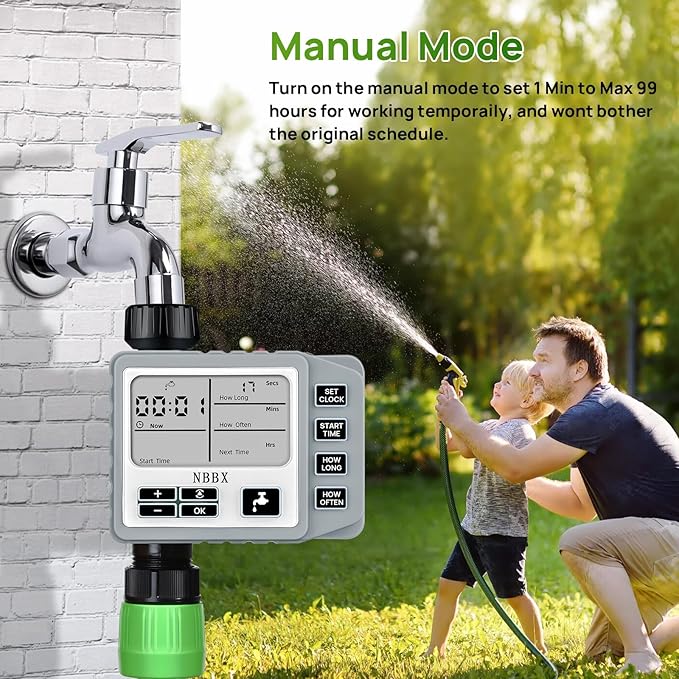 NBBX Sprinkler Timer for Garden Hose, Outdoor Watering System with Rain Delay, Manual & Automatic Mode