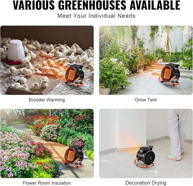 VEVOR Greenhouse Heater, 1500W PTC Fast Heating With Overheat Protection, 3-Speed Setting Small Grow Tent Fan, Electric Portable for Green House, Flower Room, Workplace