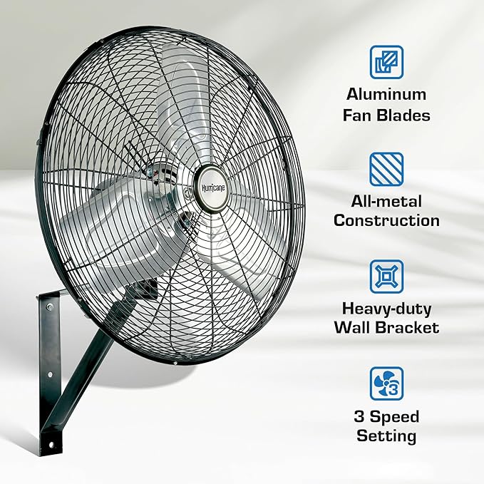 Hurricane Pro Commercial Grade Oscillating Metal Wall Mount Fan w/ 3 Speeds, Black, 20" - Corded Electric Air Cooling Unit w/ Powerful 4600 CFM Airflow for Home, Garage, Gym, Workshop & Greenhouse
