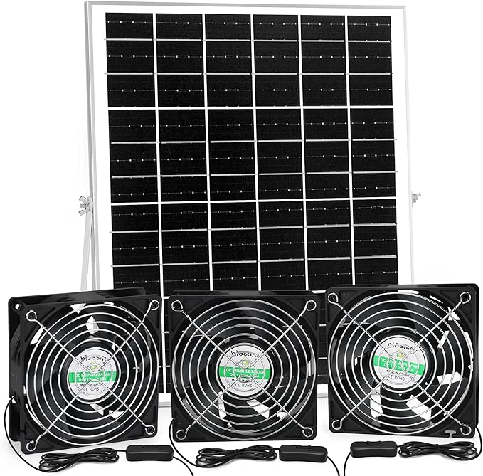 blessny Solar 3 Fan Kit for Intake or Exhaust air, Weatherproofed Solar Powered Fans for Outside Chicken Coops, Greenhouses, Shed, Pet House Air Ventilation