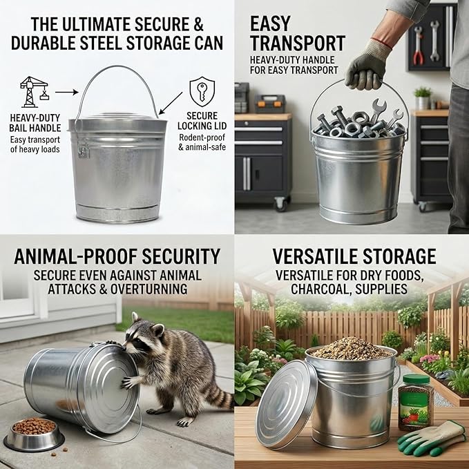 6-Gallon Galvanized Steel Utility Pail with Locking Lid, Heavy-Duty Metal Storage Bucket with Wire Bail Handle, Rodent-Proof Outdoor Container for Bird Seed, Pet Food, Charcoal, and Yard Waste