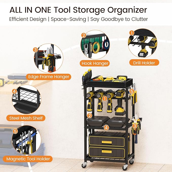 Snughome 4-Tier Tool Organizer Cart with Magnetic Tool Holder Strip, Tool Rack for Garage 300 lbs Heavy Duty Utility Rack for Workshop, Rolling Power Drill Holder & Tool Storage Cart, Gift for Men