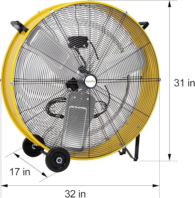 hykolity 30in. 2-Speed 13000 CFM High Velocity Drum Fan, Heavy Duty Industrial Shop Fan for Factory, Warehouse, Garage, Workshop, Commercial, and Basement, UL Listed, Yellow