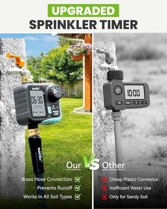 RAINPOINT Sprinkler Timer for Garden Hose - Hose Timer with Cycle & Soak/Rain Delay/Automatic Watering/Manual Watering, Programmable Irrigation System with Large Display for Lawn, Yard, Brass Inlet