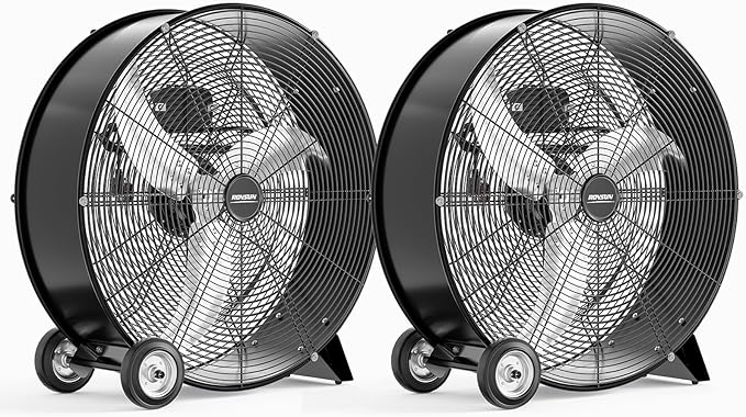ROVSUN 24 Inch High Velocity Drum Fan, 9500CFM Industrial Metal Floor Fan with Handle, Heavy Duty, 3-Speed, Air Circulator for Shop, Garage, Gym, Barn, Commercial, UL Listed, Black, 2-Pack