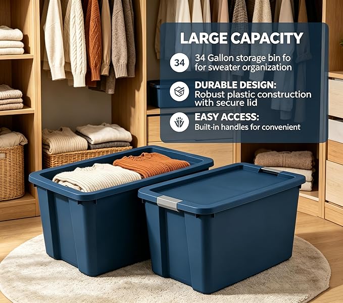 (2 pack) 34 Gallon Extra-Large Storage Bin, Plastic Storage Container with Latching Lid, Stackable Blue Bin for Home Garage Organization