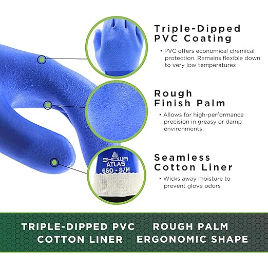 SHOWA Atlas 660 Triple-Dipped PVC Chemical Resistant Gloves, Heavy-Duty Gloves, Rough Finish Grip, Seamless Cotton Liner, 12" Length, Blue, XX-Large, 1 Pair