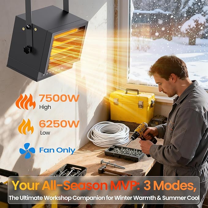 7500W Electric Garage Heater with WIFI & Remote, 240V Hardwired Ceiling Mount Shop Heater, Garage Space Heaters with ECO Mode, 12H Timer, Thermostat, Overheat Protection, for Garage Workshop Warehouse
