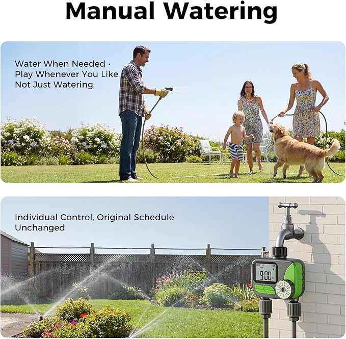 Sprinkler Timer, Watering Timer for Garden Hose, 2 Outlets Programmable Hose Timers with Rain Delay, Outdoor Soaker Auto & Manual Drip Irrigation Controller System for Lawn Yard Greenhouse
