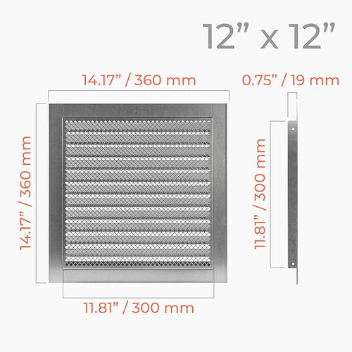 12" x 12" Inch Galvanized Steel Vent Cover - Square Industrial Air Vent Louver for Wall, House, Garage - Wire Screen Mesh Louver Grille - Soffit Exhaust Vent, Dryer Vent Cover
