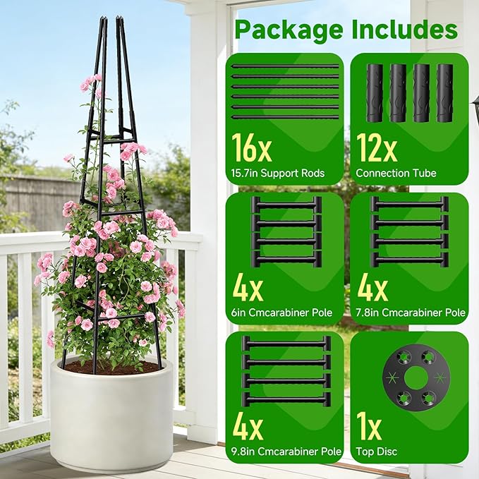 Garden Obelisk Trellis for Climbing Plants Outdoor, 63 Inch Height Adjustable Gardening Trellis, Steel Plastic Coated Plant Support for Indoor & Outdoor Multiple Climbing Plants(2PCS)
