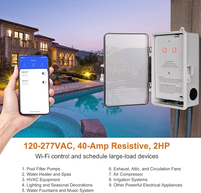Suraielec Dual WiFi Pool Timer, 120/277V Individual Switches, 40 AMP, 1HP/2HP Heavy Duty Smart Timer, Independently Control Two 120/277V Devices, Indoor/Outdoor for Pool Pump, Water Heater, Spa