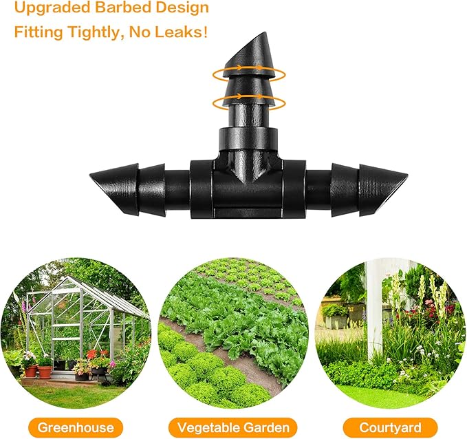 1/4" Drip Irrigation Tee Fittings, 60 Pieces Barbed Tee Connectors for 1/4 Inch Tubing, Drip Line 3-Way T Parts for Sprinkler Garden Lawn Irrigation System