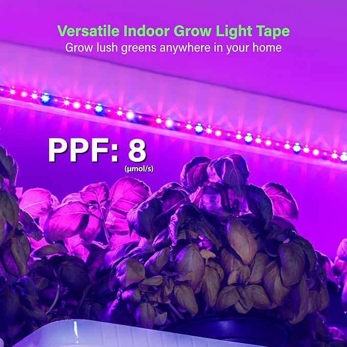 Full Spectrum LED Grow Light Tape, 11.8 ft Flexible Strip Kit for Indoor Plants and Gardening, 24W Plug-in Design, Water Resistant