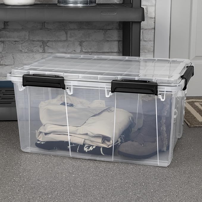 80 Qt Watertight Storage Container, Rated Gasket Seal Box with Latches, Extra Large Black Plastic Bin for Outdoor, Garage, Basement Organization (2-Pack)