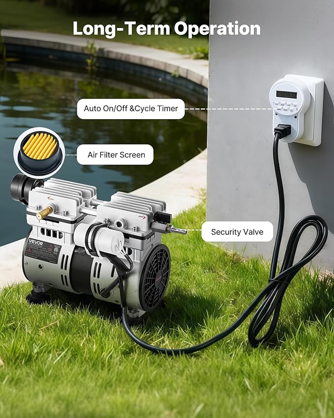 VEVOR Pond Aerators, 5.2CFM Aeration System for Lake up to 3 Acres, 3/4 HP Air Compressor, 1 Diffuser & 100' Weighted Tubings, Aeration Pump for Outdoor Ponds & Lakes Deep Water Oxygen Circulation