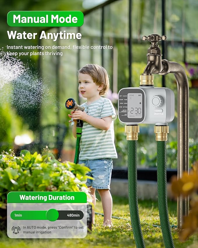 [2026 Upgrade] 2 Zone Sprinkler Timer with Brass Inlets & Outlets, Unistyle Programmable Water Timer for Garden Hose, IP55 Waterproof Hose Timers with Manual Irrigation Timers for Yard and Lawn Patio