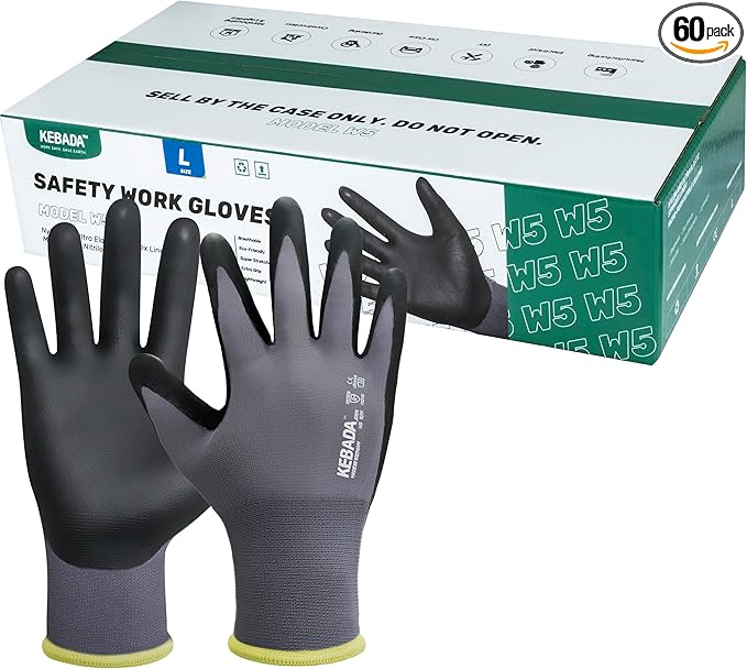 Kebada W5-60 Pairs Bulk Safety Work Gloves Foam Nitrile Coated, Seamless Knit Nylon Glove with Grip, Ideal for Mechanic, Warehouse, Construction & Gardening, X-Small
