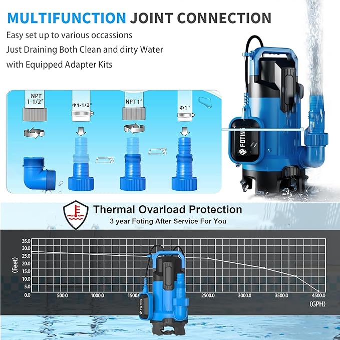 FOTING 3/4HP Sump Pump, 4300GPH High Flow Clean&Dirty Submersible Water Pump with Float Switch, Thermoplastic Electric Portable Utility Pump for Pool Draining Hot Tub Garden Basement