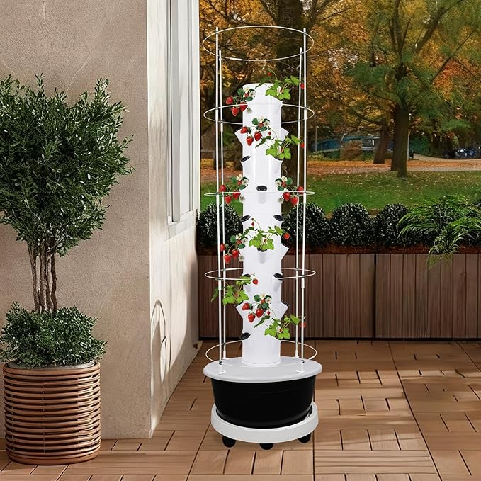 Hydroponic Growing Tower with Climbing Trellis, 30L Water Tank & Automatic Timer, Indoor Outdoor Vertical Garden System for Vegetables Herbs Strawberries (Black - 36 Holes)