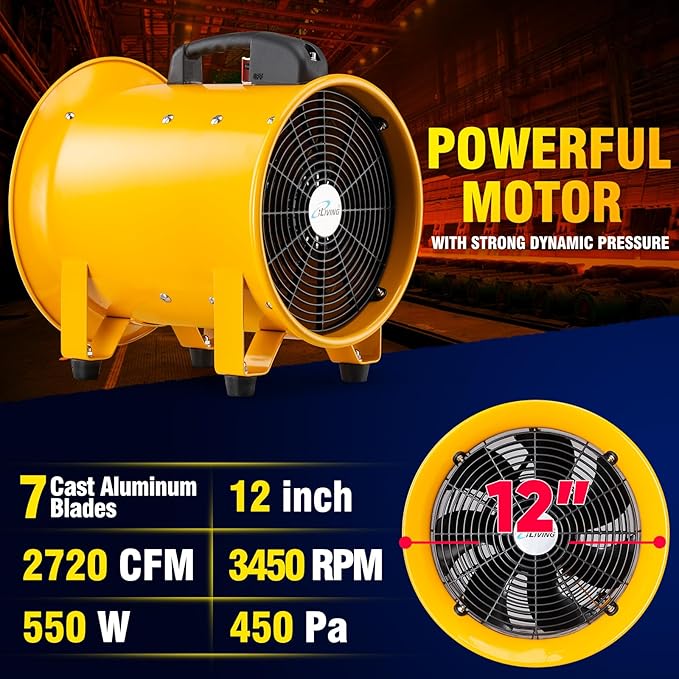 iLiving Utility High Velocity Blower, Fume Extractor, Portable Exhaust and Ventilator Fan (Utility 12")
