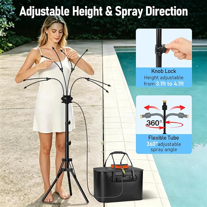Bonviee 5.3 FT Standing Misters for Outside Patio- Portable Standing Mister Kit with Adjustable Tripod, 22L Water Tank & Rechargeable Pump, 8 Adjustable Nozzles with Flexible Arms for Outdoor Cooling