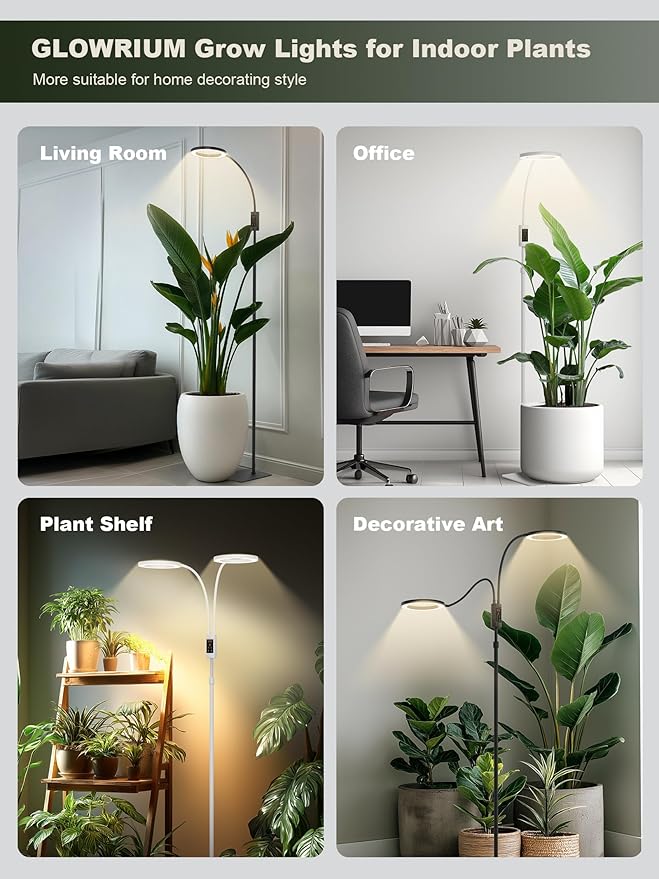 GLOWRIUM Smart Grow Lights for Indoor Plants, 48W Full Spectrum Plant Lights with Bluetooth App, Adjustable Height 47-70.9", Auto Timer, Indoor Plant Lamp for Large Tall Plants（White 48W）