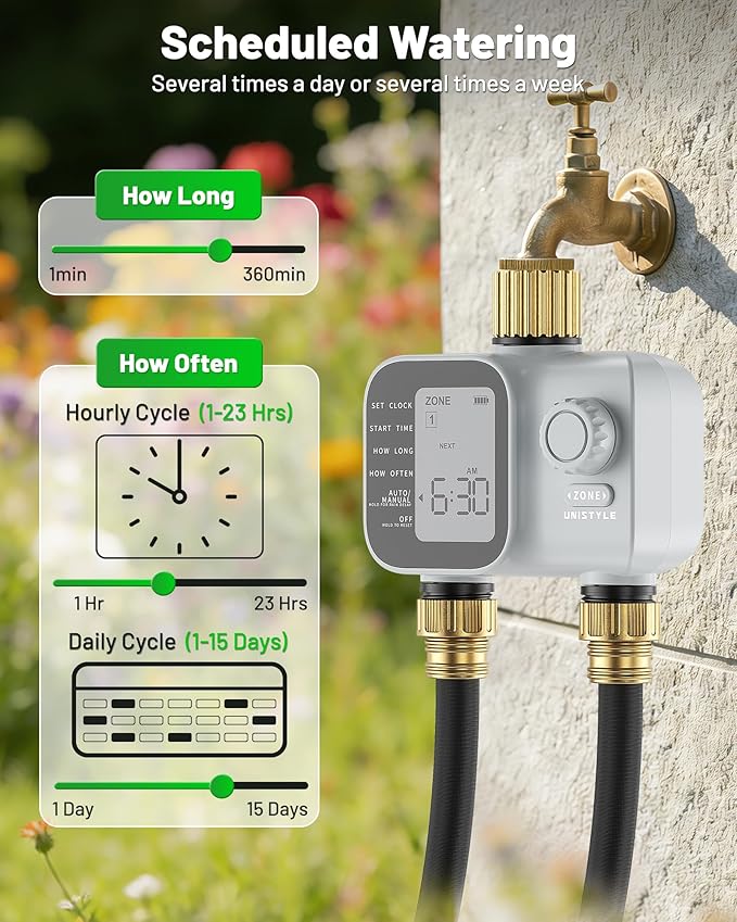 [All-New 2027] Heavy Duty Sprinkler Timer 2 Zone with Brass Inlet, Unistyle Water Timer for Garden Hose with Rain Delay and Manual Water/Automatic Irrigation, Hose Timers Yard Lawn Patio