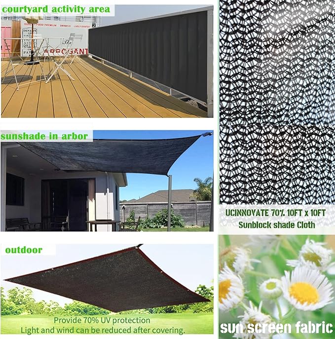 UCINNOVATE 2 Pack 70% Sunblock Shade Cloth 10ft x 10ft Shade Net Greenhouse Covers Fabric Mesh Tarp, Sunshade Sunscreen UV Resistant Netting with Grommets for Garden Patio Lawn Plant Outdoor Parking